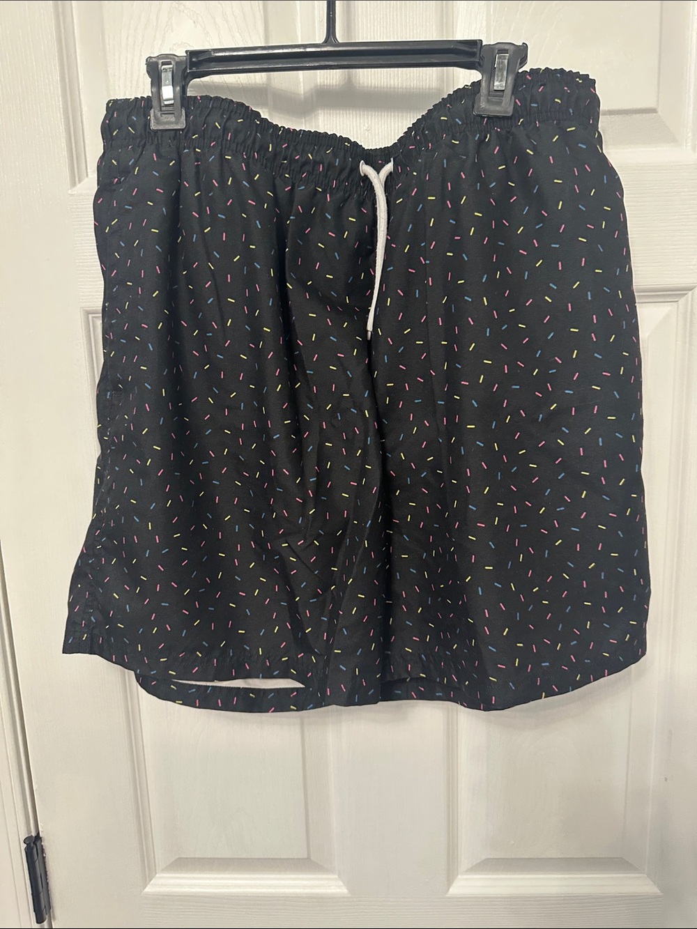 Black Drawstring swim trunks with Multicolor Sprinkle Print used once